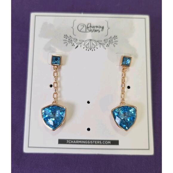 Blue Glass Rhinestone Crystal Dangle Earrings In Rose Gold Tone Sterling Silver - Picture 1 of 10